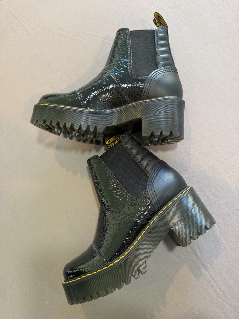 Dr. Martens Black Patent Chelsea Ankle Boots with Yellow Stitching